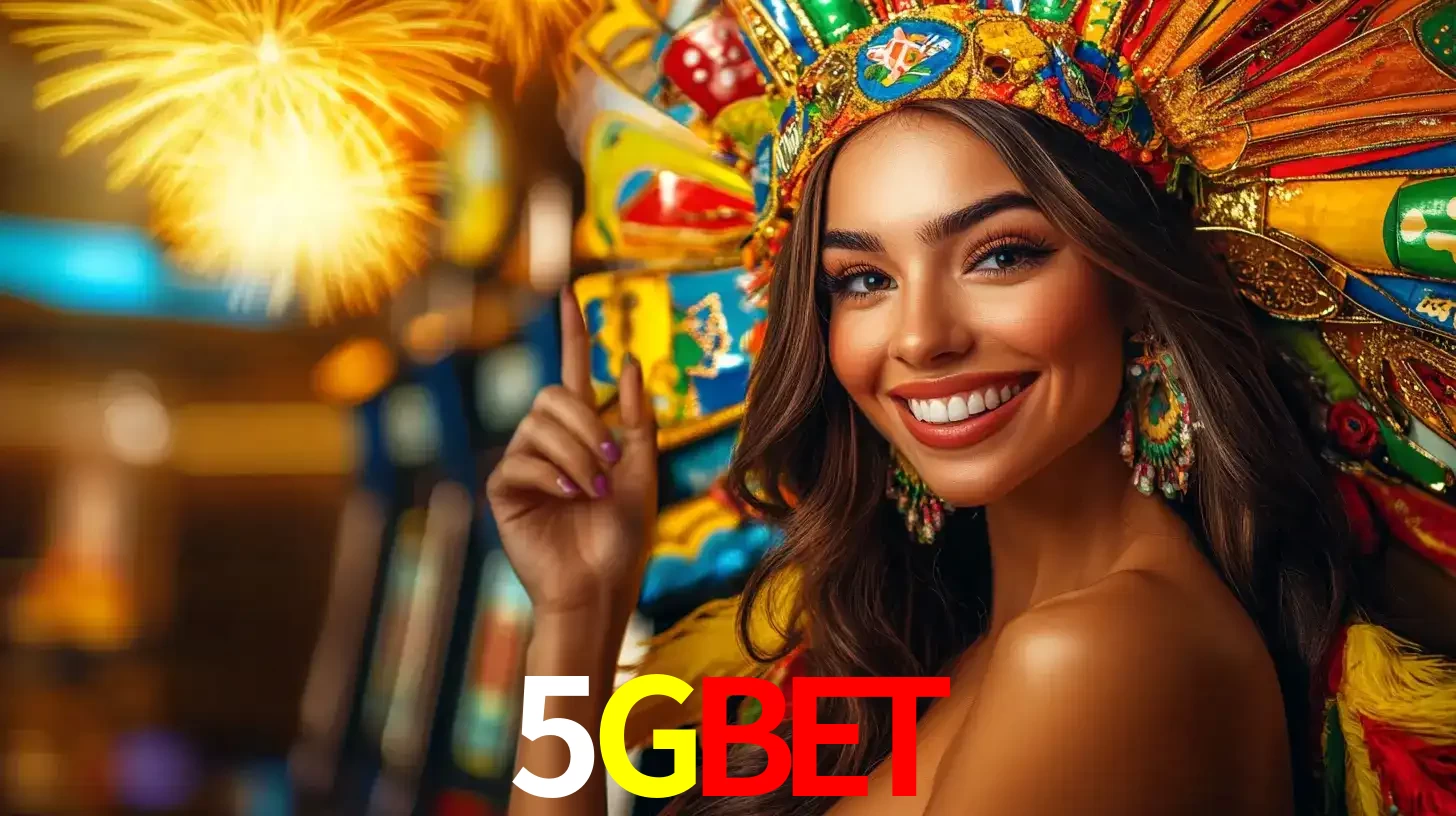 Mulher sorridente com um cocar de carnaval vibrante e colorido, celebrando uma grande vitória nos jogos do cassino 5GBET com fogos de artifício ao fundo.