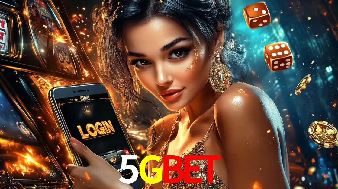 Mulher glamourosa segurando um celular com a tela de login do cassino 5GBET, rodeada por dados e moedas douradas, pronta para começar a diversão.