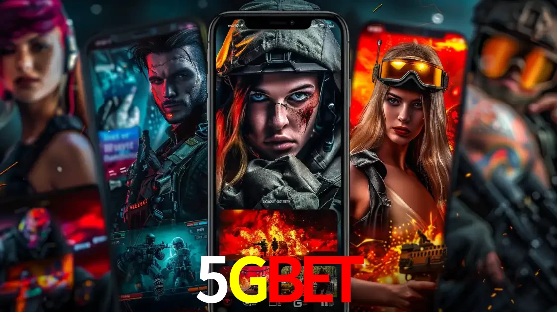 Montagem de telas de celular mostrando diversos personagens, masculinos e femininos, de um jogo de tiro, ilustrando a diversidade de equipes de e-sports para apostar no 5GBET.