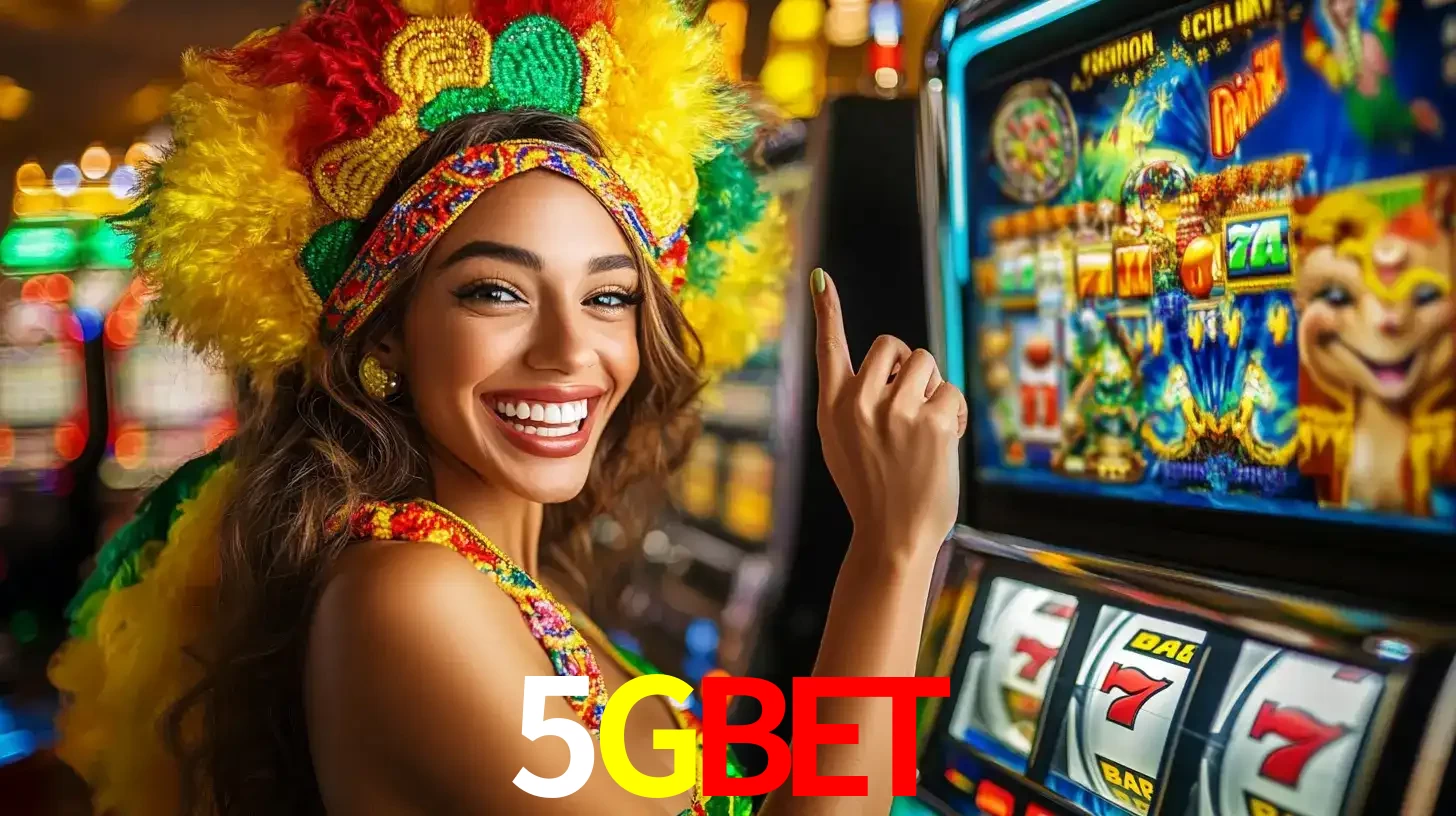 Mulher animada com um cocar de carnaval apontando para uma máquina de caça-níqueis, mostrando a emoção de ganhar um grande prêmio nos jogos do 5GBET.