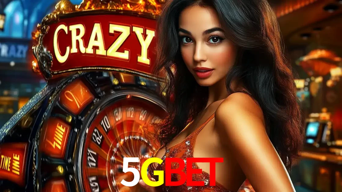 Mulher glamourosa olhando para a câmera com a roda vermelha do Crazy Time ao fundo em um ambiente de cassino, destacando a emoção dos jogos ao vivo no 5GBET.
