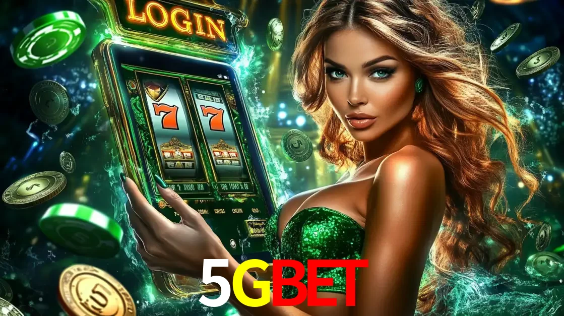 Mulher com tema verde apresentando o aplicativo do cassino 5GBET com um jogo de slot de 777, cercada por fichas de cassino e uma aura de sorte.