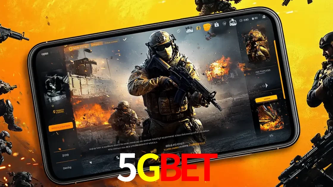 Um smartphone exibindo a interface de um jogo de tiro em primeira pessoa, com um soldado em um cenário de batalha, representando a ação dos e-sports para apostar no 5GBET.