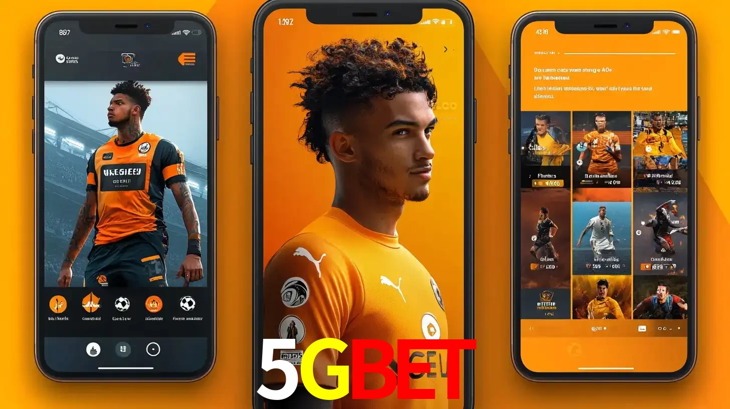 Interface do aplicativo de apostas esportivas 5GBET em três telas de celular, mostrando o perfil de um jogador de futebol e a lista de jogos disponíveis para apostar.