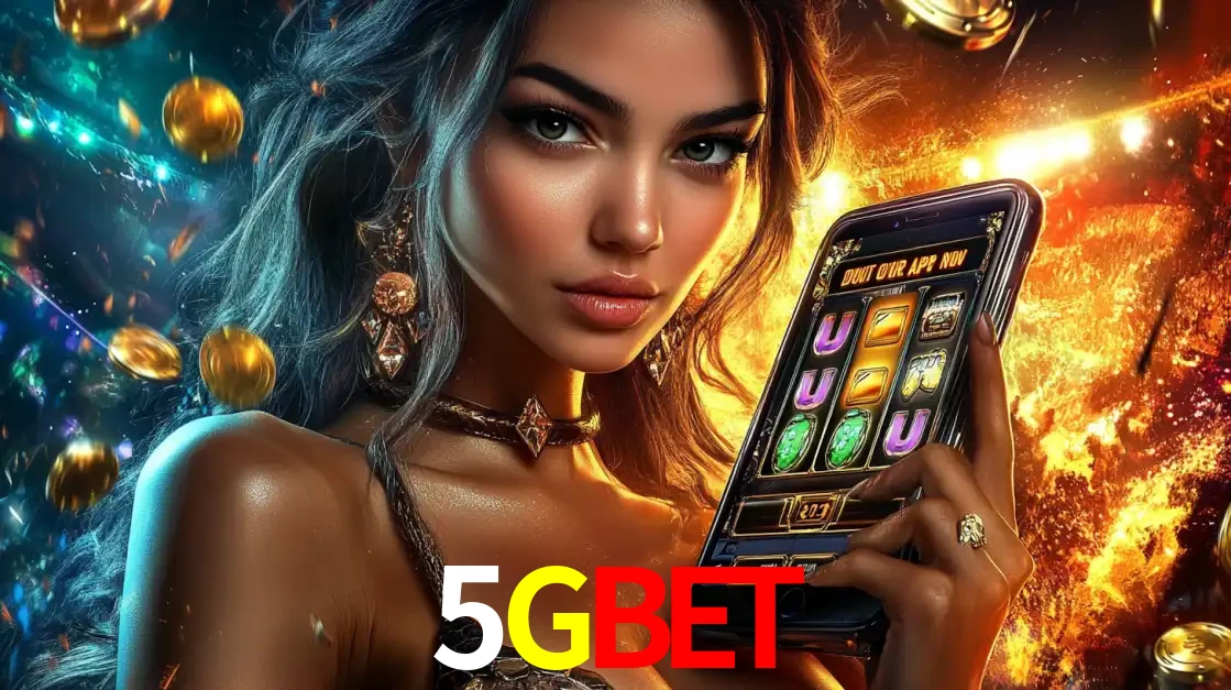 Mulher elegante mostrando um jogo de caça-níqueis em seu smartphone, destacando a experiência de cassino móvel oferecida pelo aplicativo 5GBET.