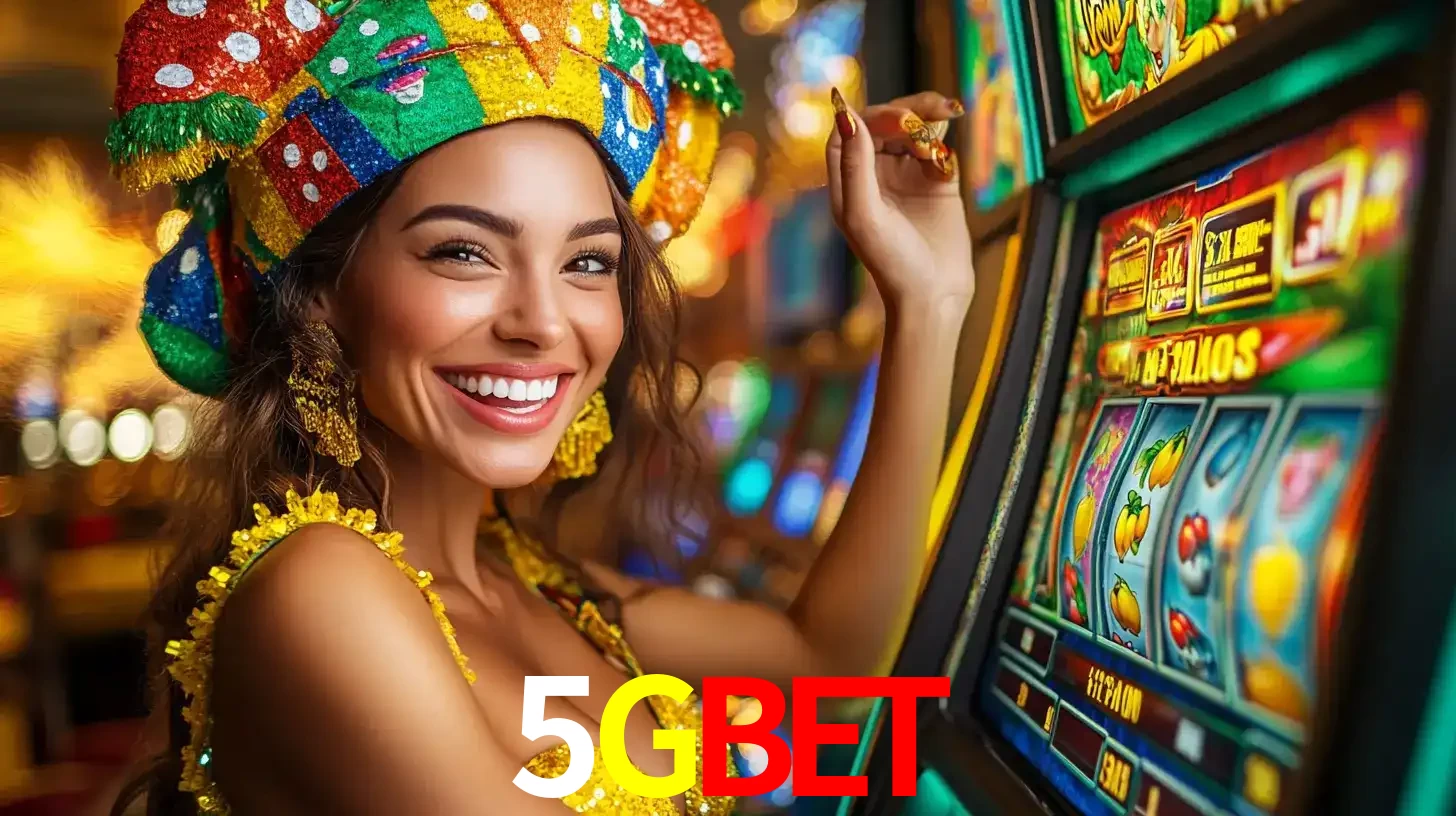 Mulher feliz com traje de carnaval amarelo e colorido ao lado de uma máquina de caça-níqueis, aproveitando a diversão e os jogos temáticos do cassino 5GBET.