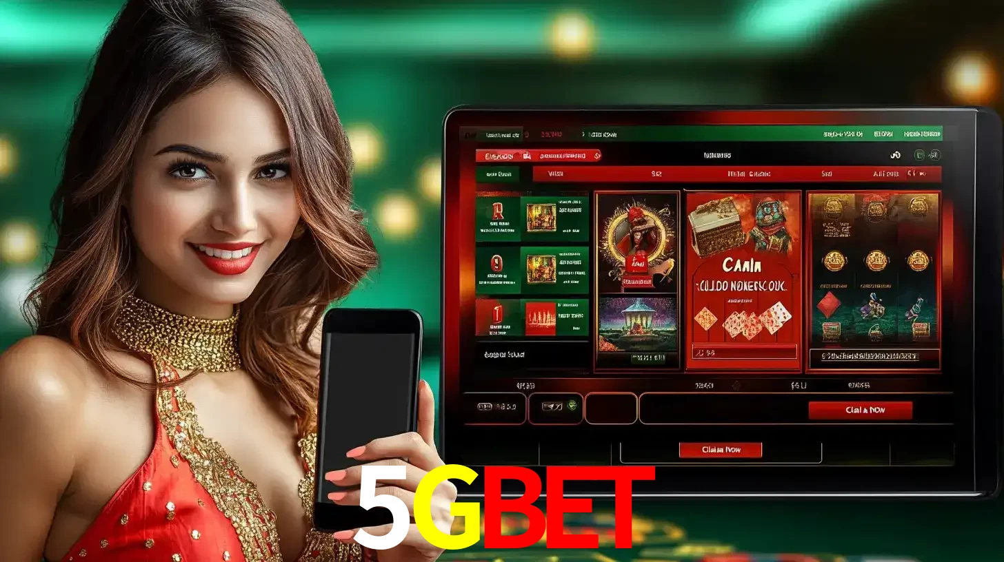 Mulher sorridente segurando um smartphone, ao lado de uma tela exibindo o lobby de jogos do cassino online 5GBET, com várias opções de jogos de cartas e slots.